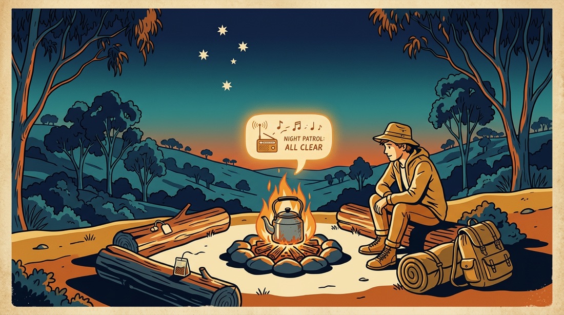 A vintage radio under a starry outback sky.