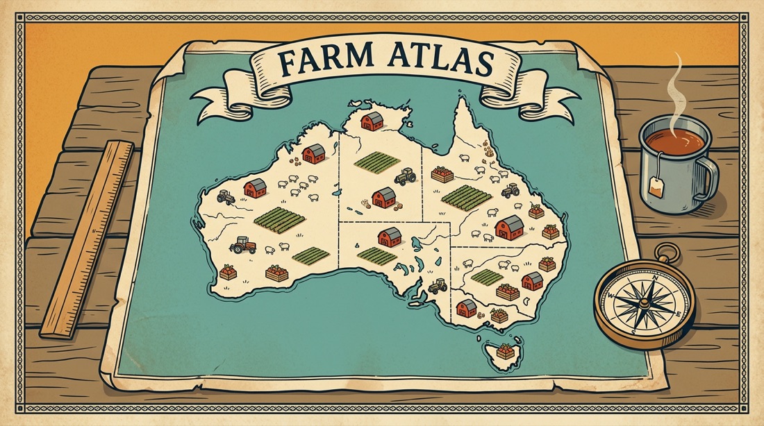 Hand-drawn map of Australian working farms.