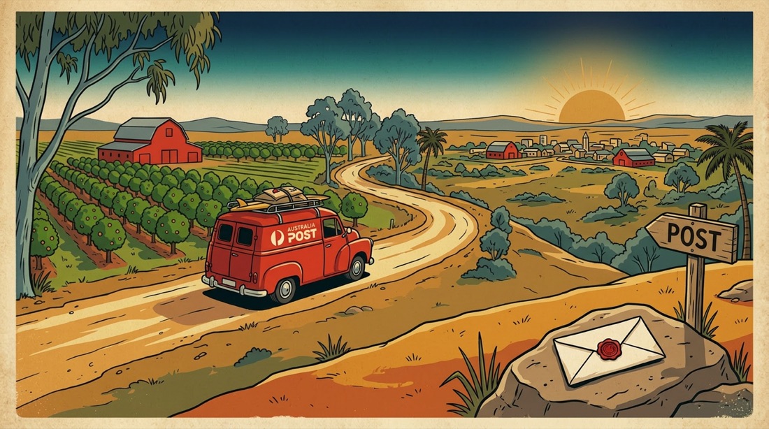 A red Australia Post mail van driving through orchards.