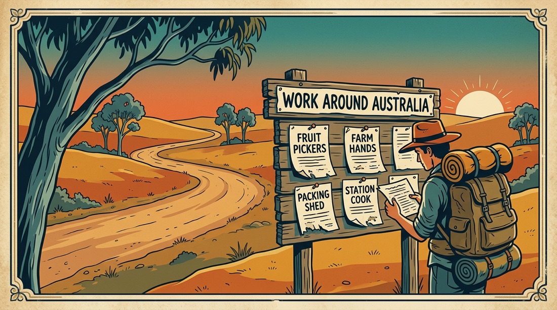 A handwritten 'Work Wanted' notice tacked to a wooden post by a country station road.