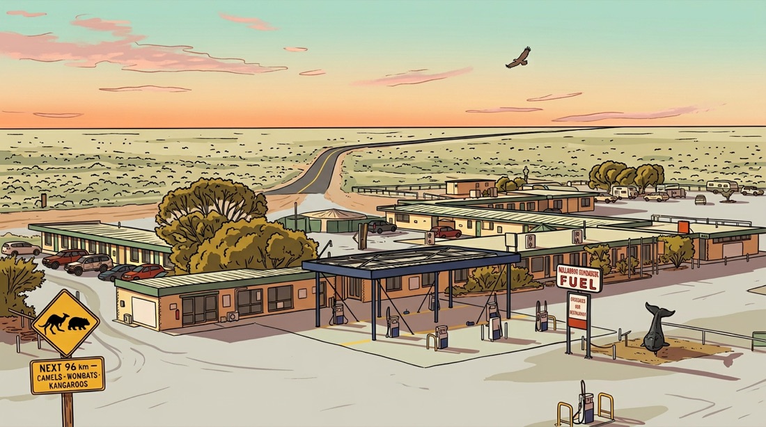 A roadhouse stop on a long outback highway.