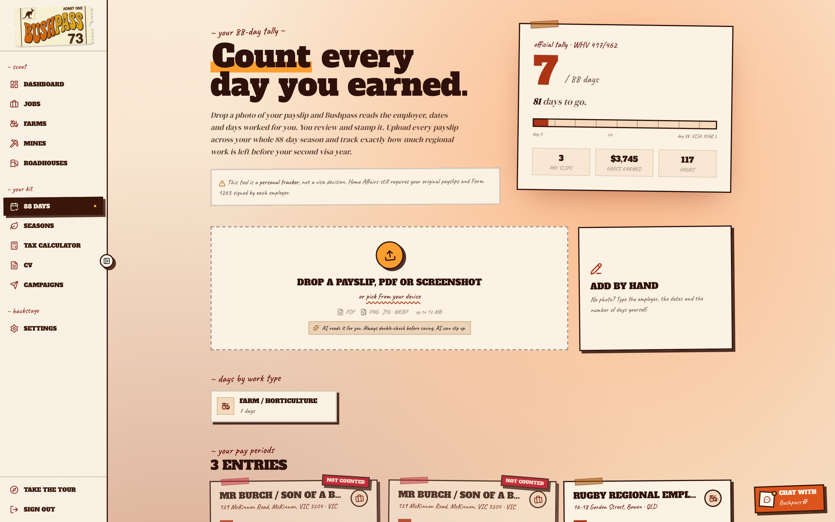 88-day tracker showing days worked, pay periods and a payslip dropzone.