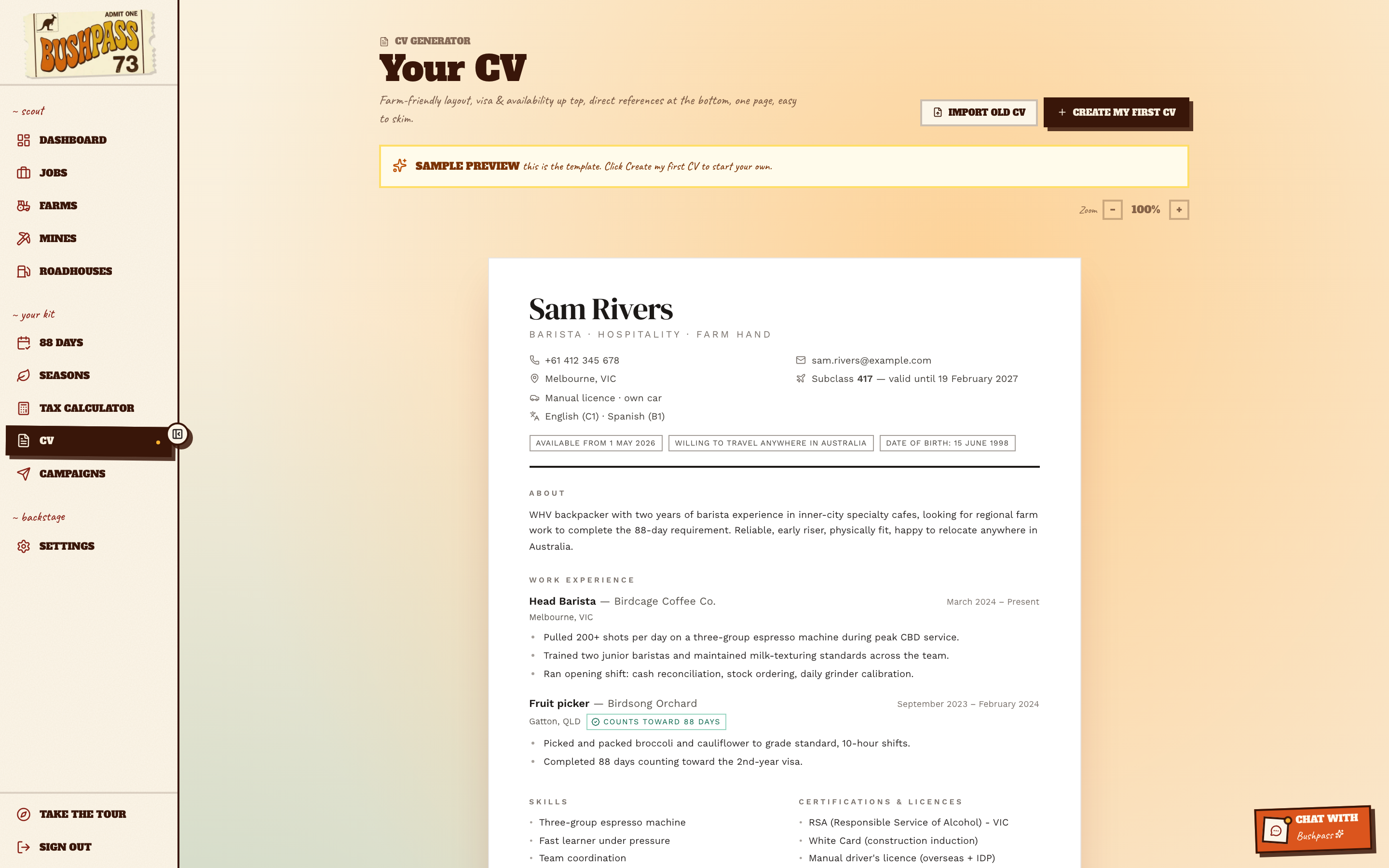 CV builder showing a sample one-page resume in a paper-on-desk style.