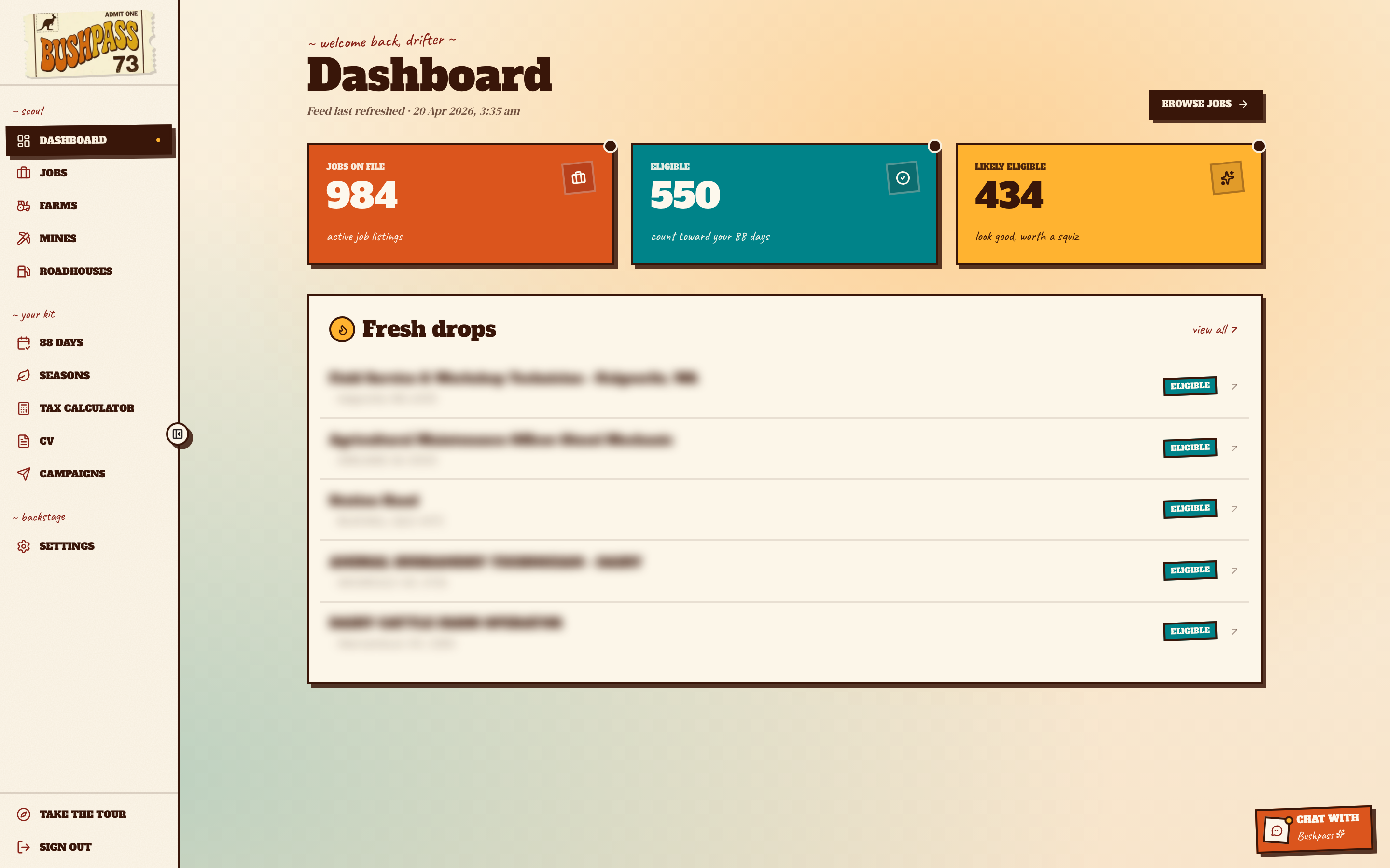 Bushpass dashboard with KPI cards and fresh job drops list.