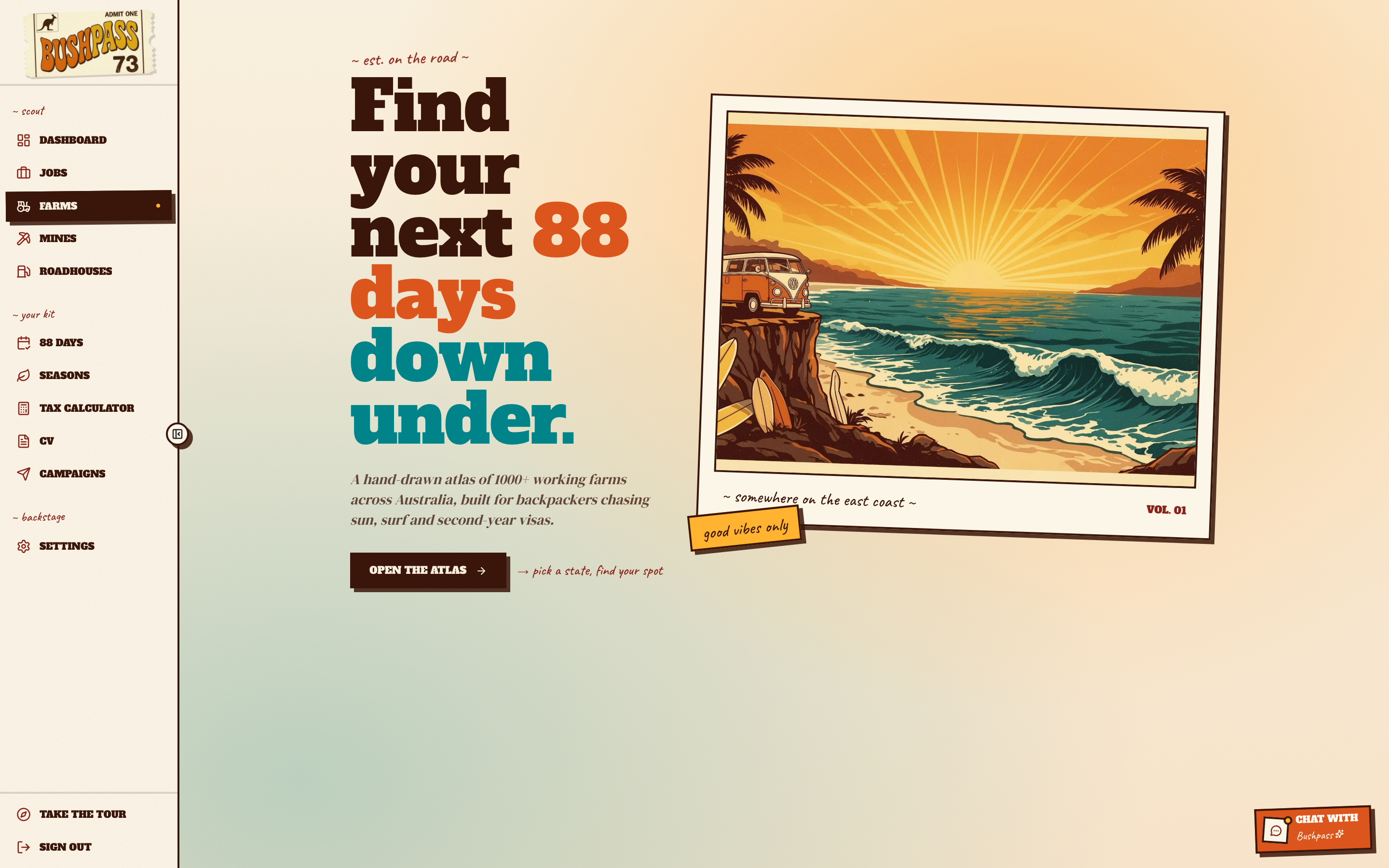Driftwork Atlas landing page: hand-drawn campervan polaroids and a CTA to open the atlas.