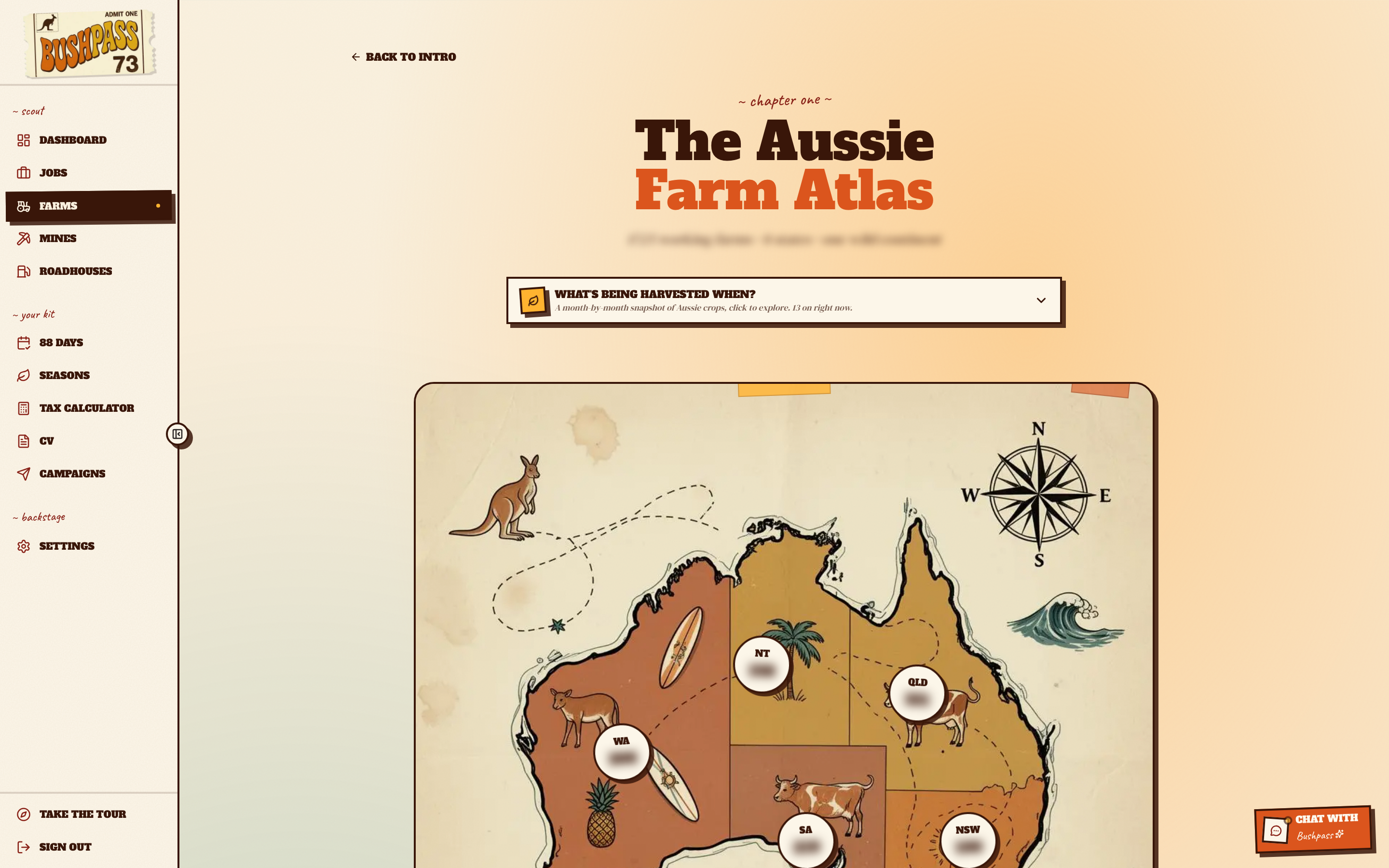 Atlas map view: a hand-drawn map of Australia with state ticket stubs counting the farms in each state.