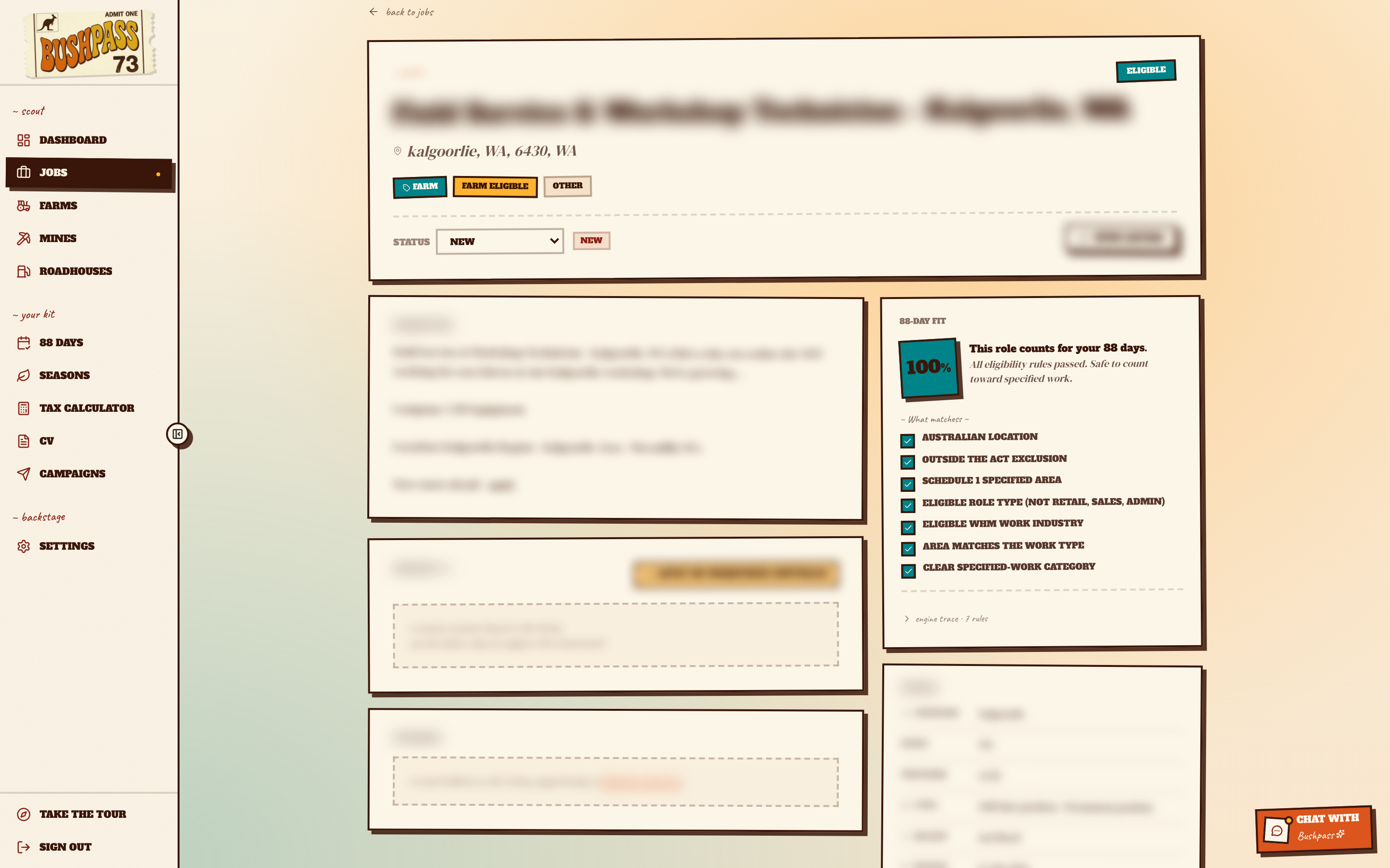 Single job detail page with eligibility checklist, description, contact panel and metadata sidebar.
