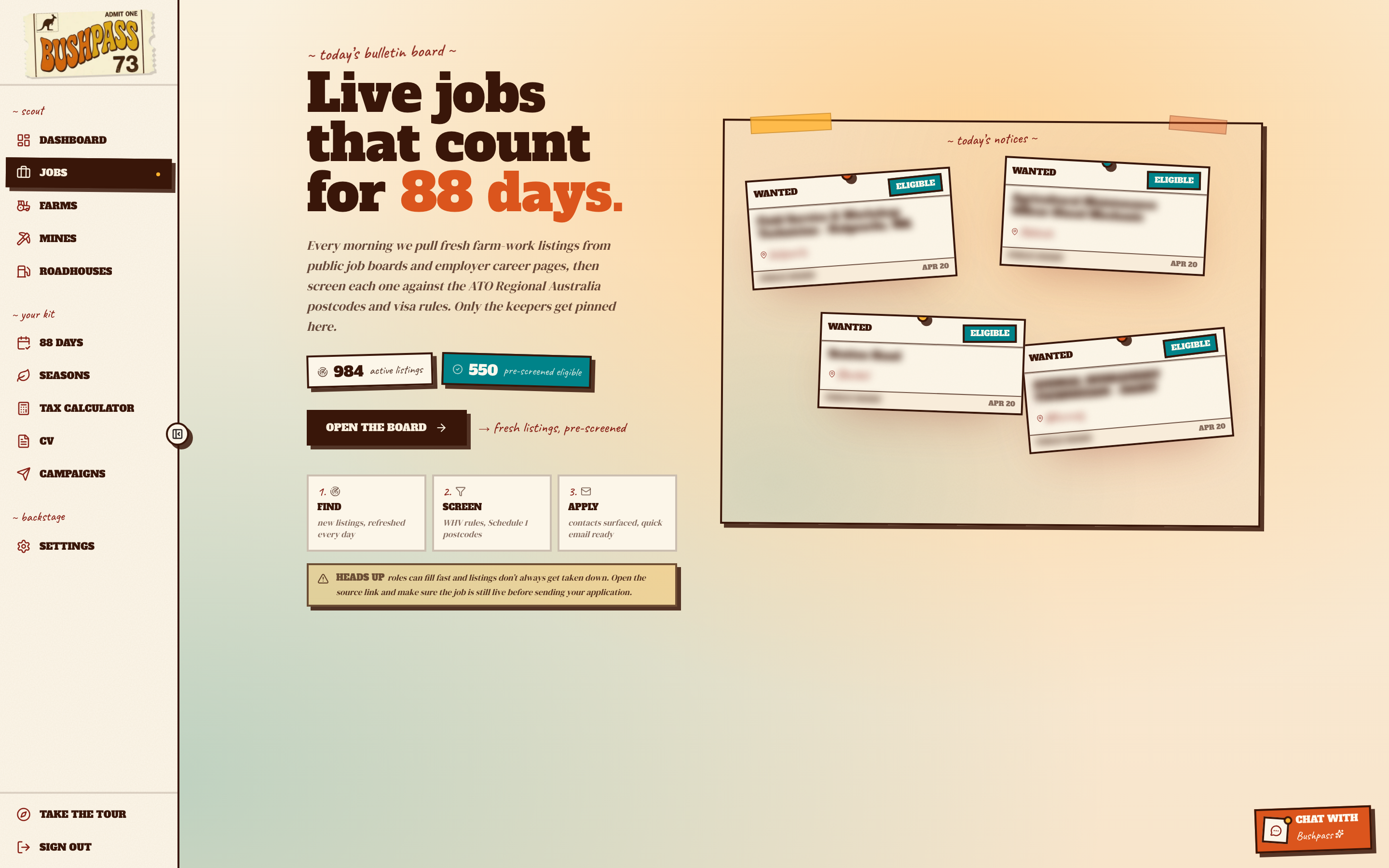 Live jobs feed: hero with active count, eligible count and a cork-board of pinned listings.