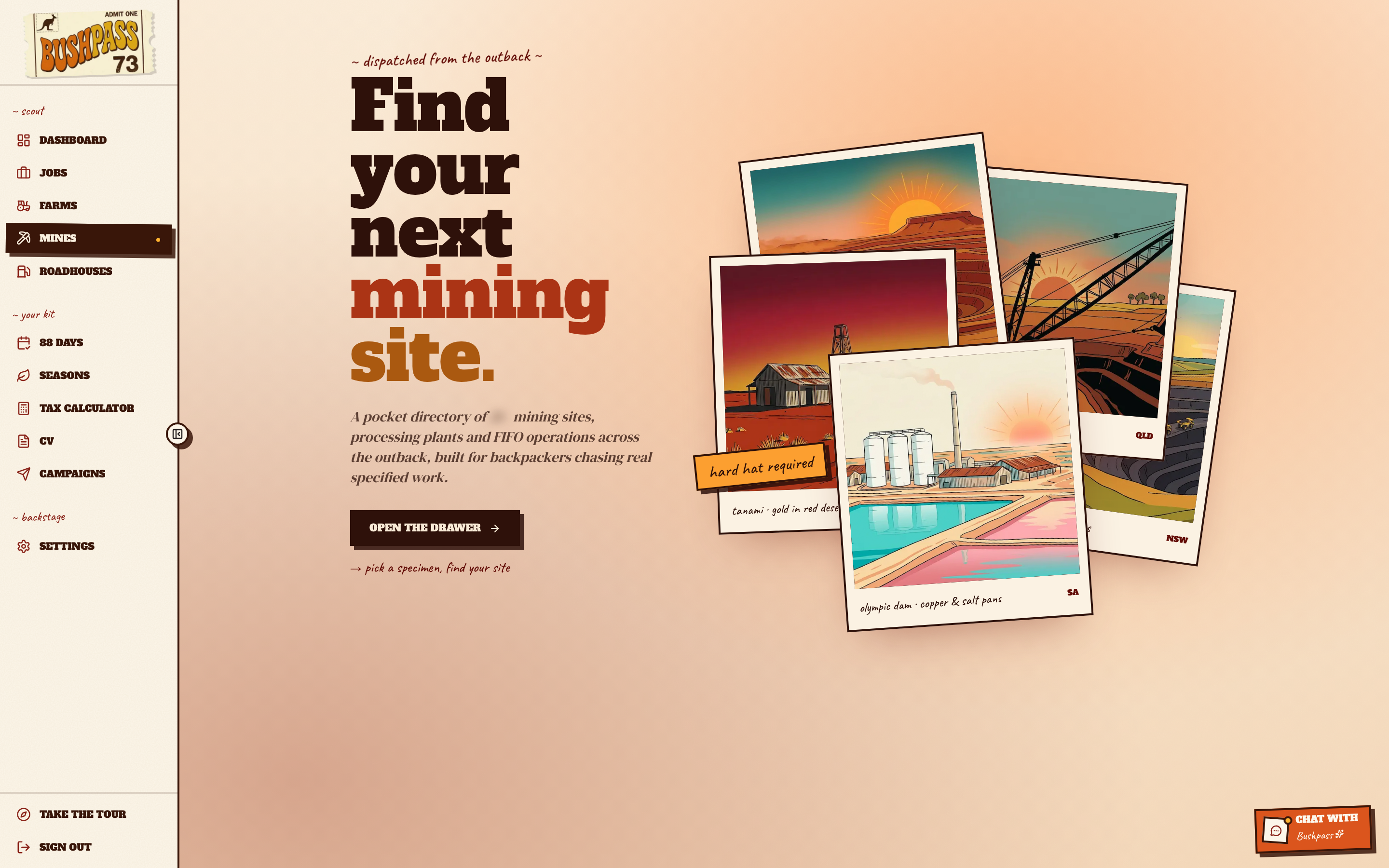 Outback Operations landing page with hand-drawn mining polaroids.
