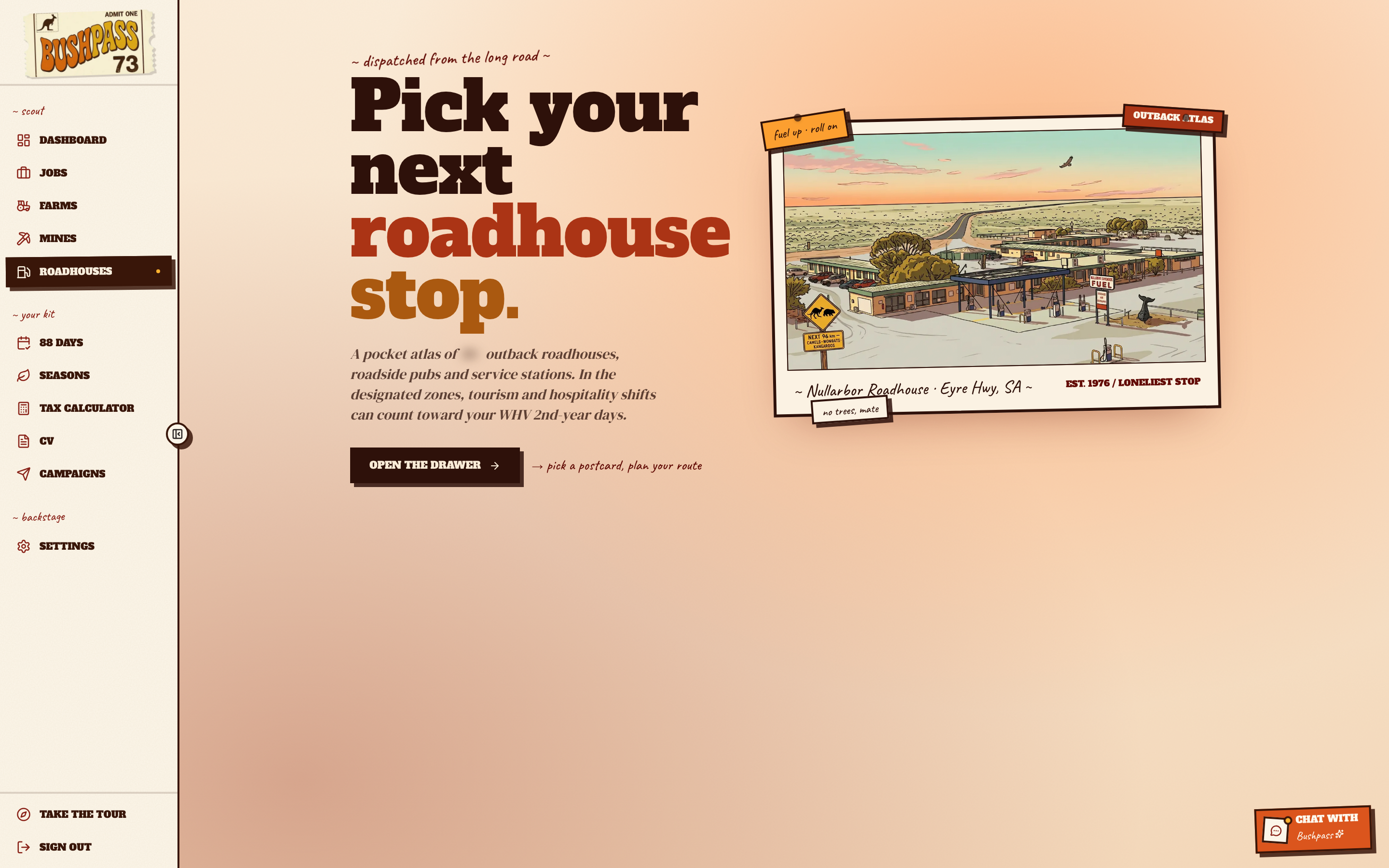 Roadhouse Atlas landing page with hand-drawn outback service-station polaroids.