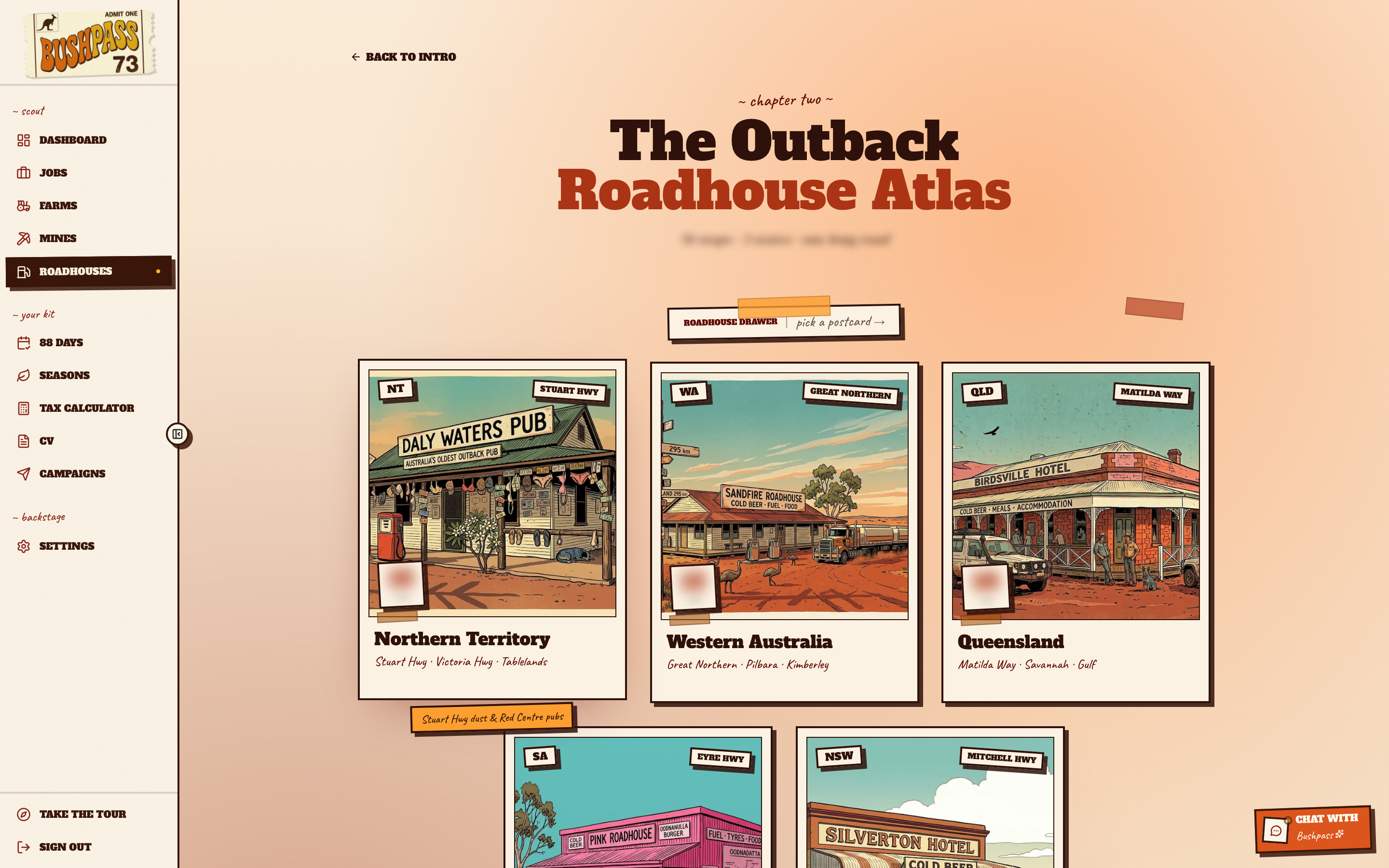 Roadhouse atlas map view with a state grid of stop counts.