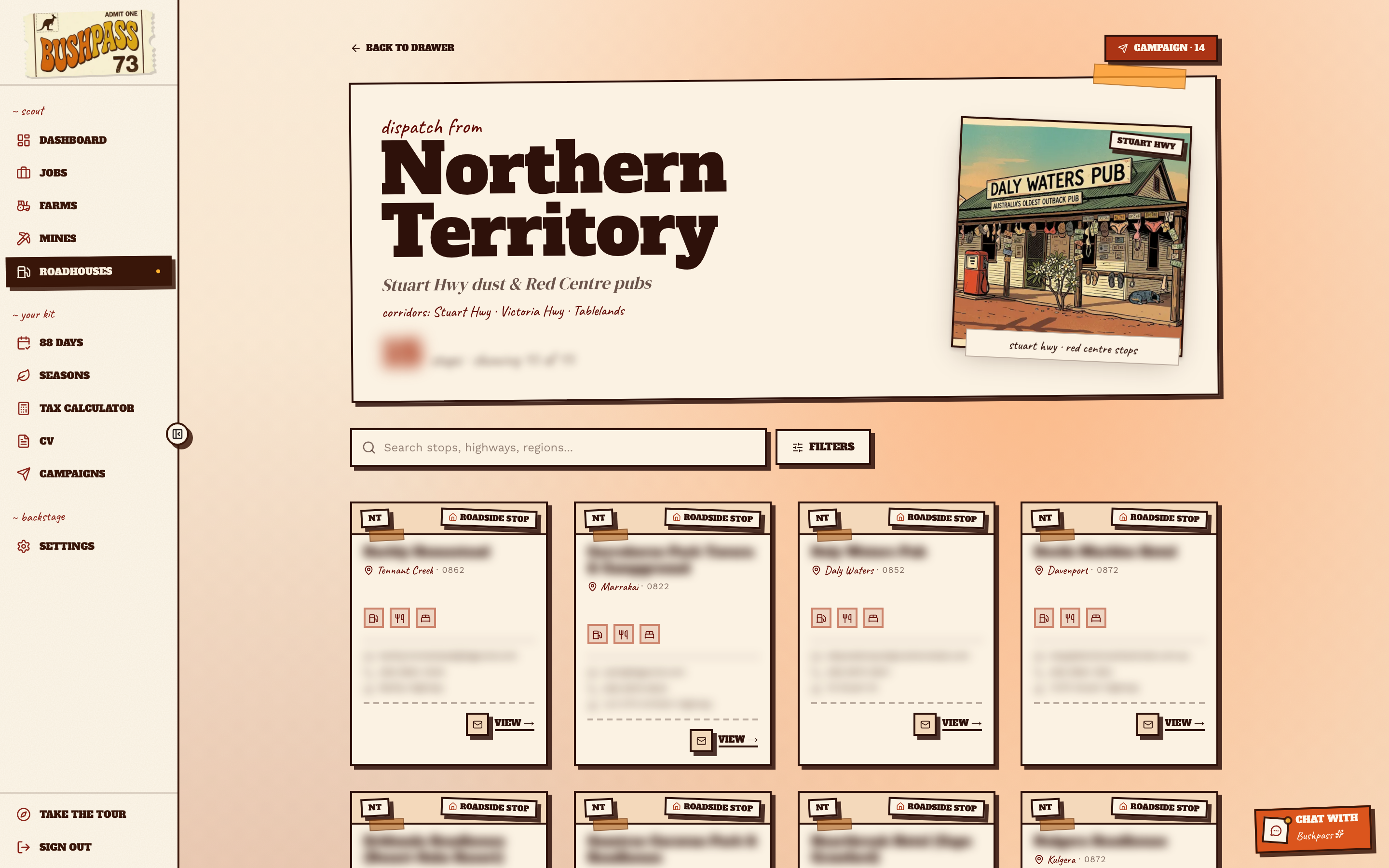 NT state detail with polaroid roadhouse cards along the Stuart Highway.