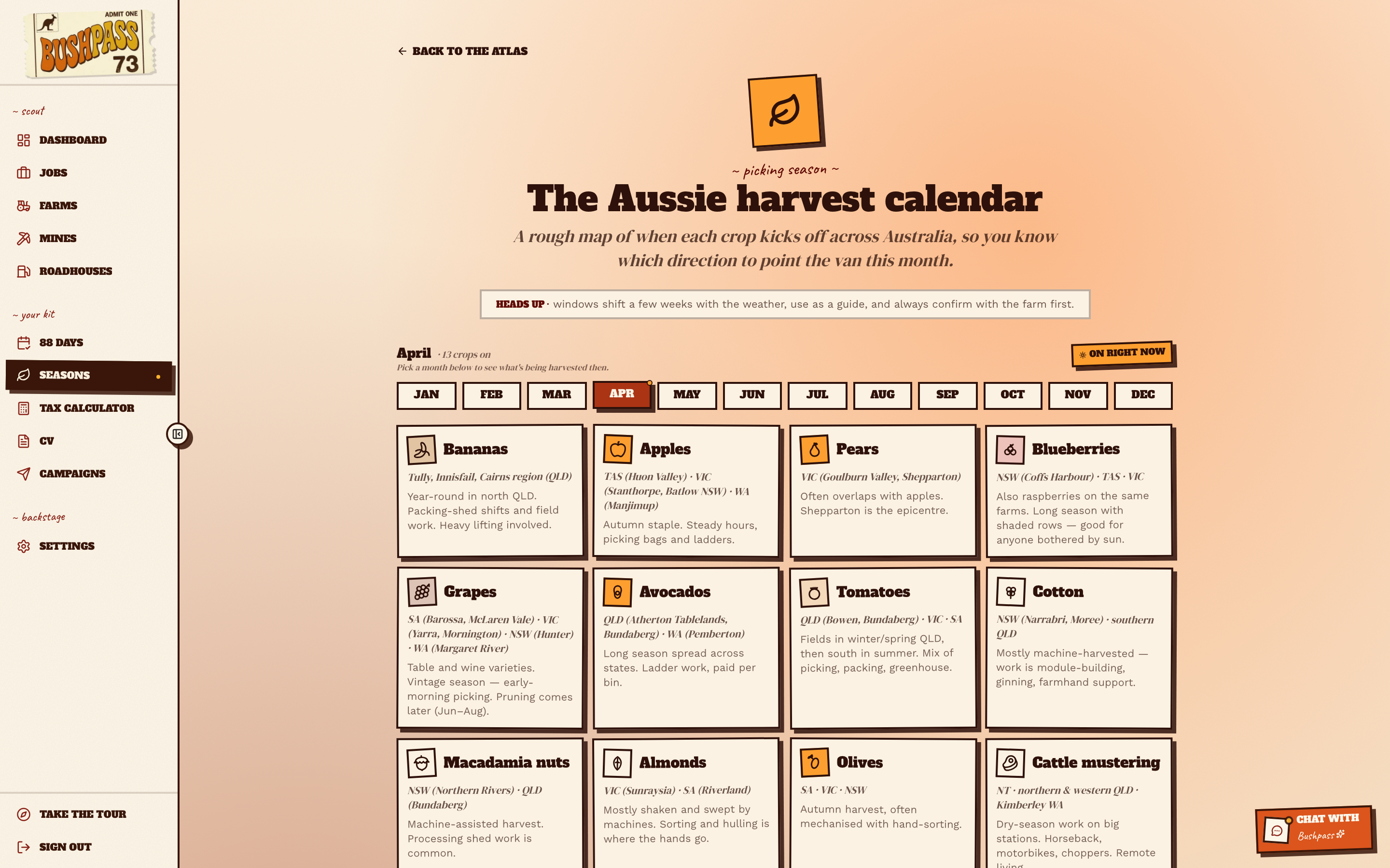 Harvest calendar showing crops in season by state, month by month.