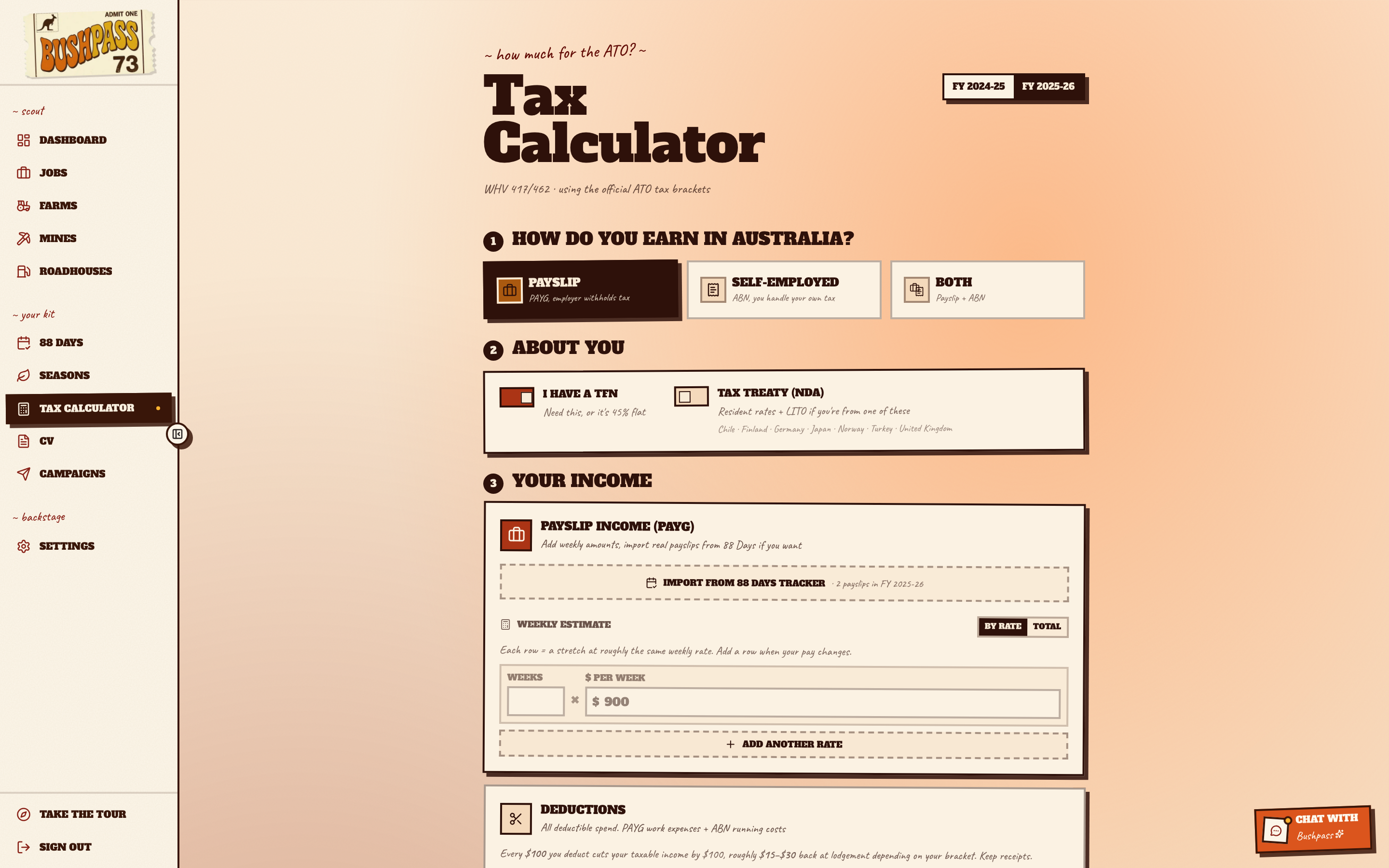 Tax calculator wizard with payslip and self-employed inputs.